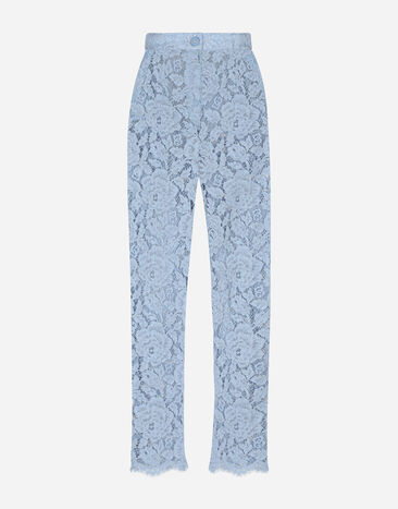 Dolce & Gabbana Pantalón sastre de encaje cordonetto floral con logotipo DG Azul Claro FTAM2THLM7L