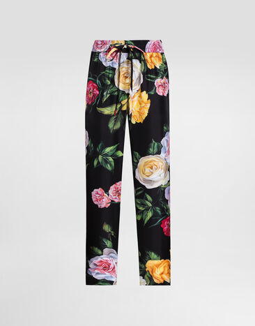 Dolce & Gabbana Pyjamahose mit Gummizugbund aus Seide Pfingstrosen- und Rosenprint Drucken FTC11TIS1XJ