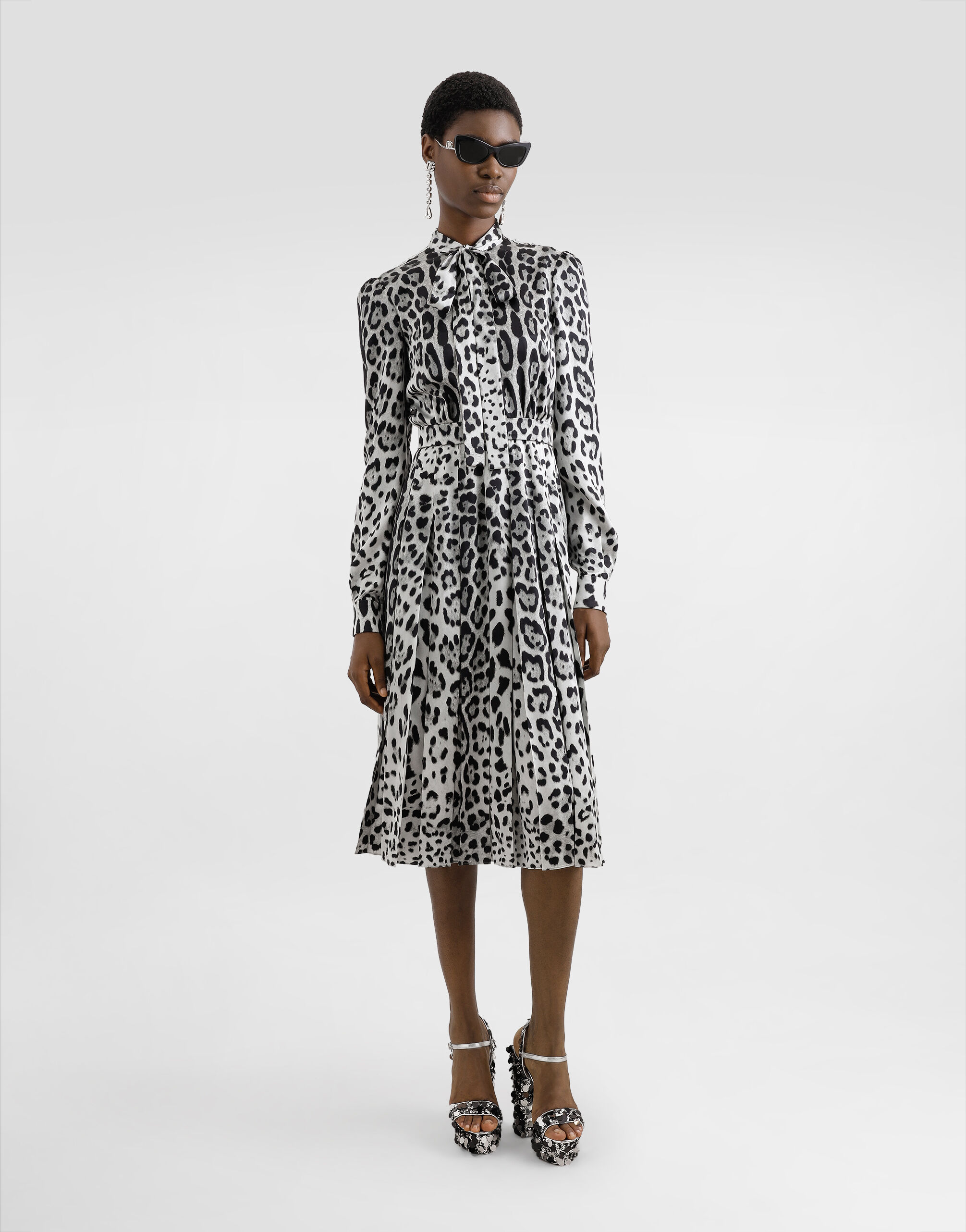 Satin calf-length shirt dress with pussy-bow and leopard print in