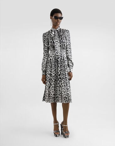 Dolce & Gabbana Satin calf-length shirt dress with pussy-bow and leopard print Print F6JQUTFS1GT