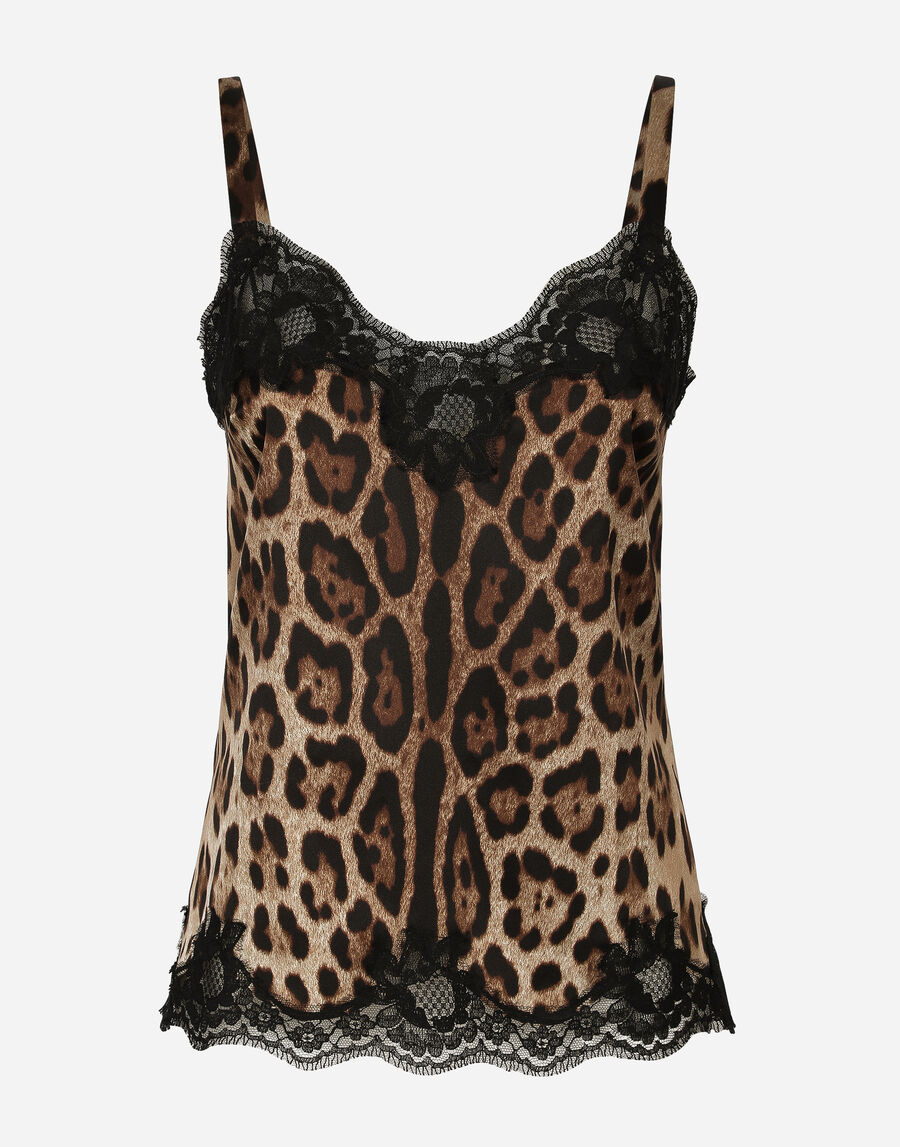 Leopard-print satin lingerie-style top with lace detailing