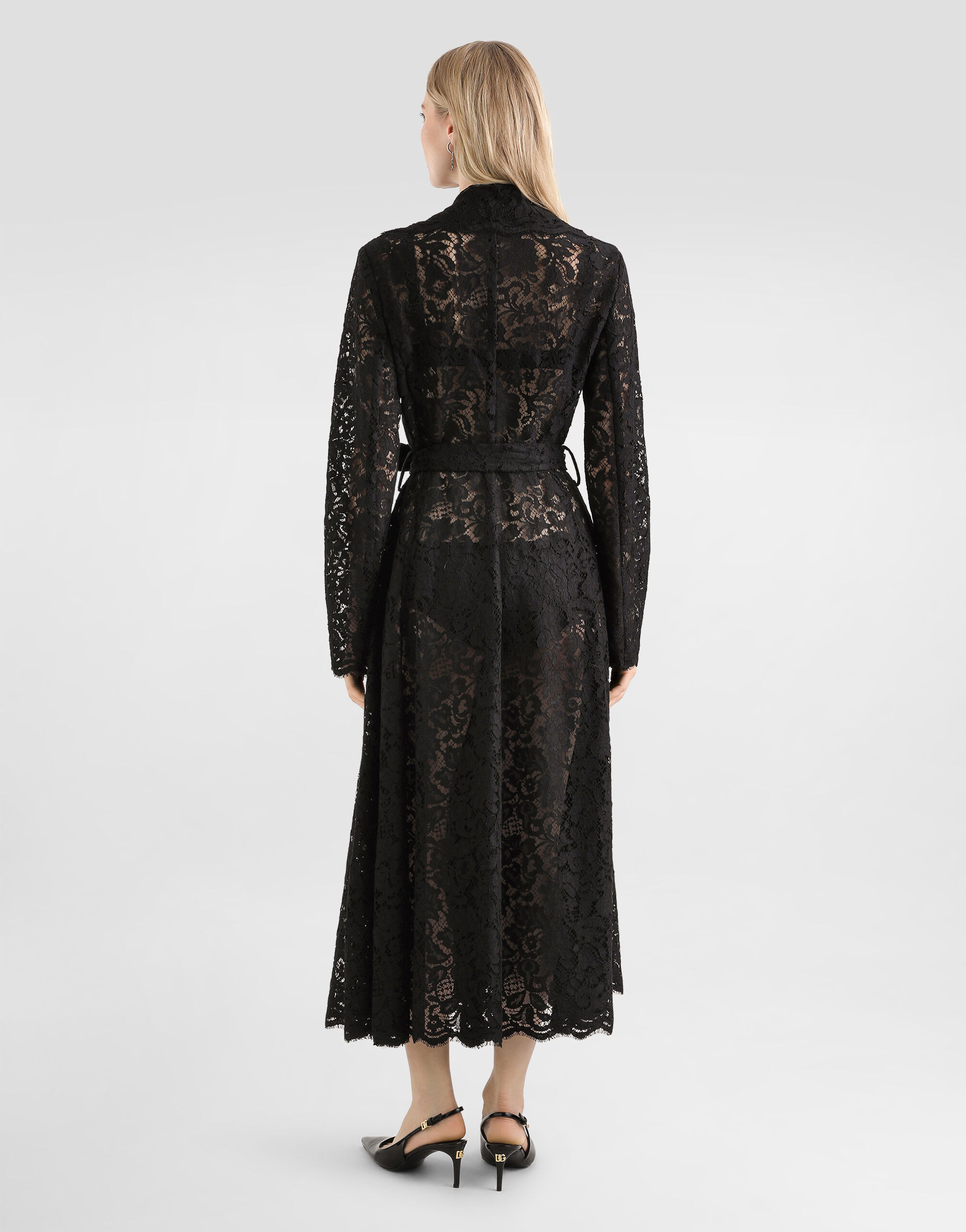 Long double-breasted cordonetto lace coat in Black for Women