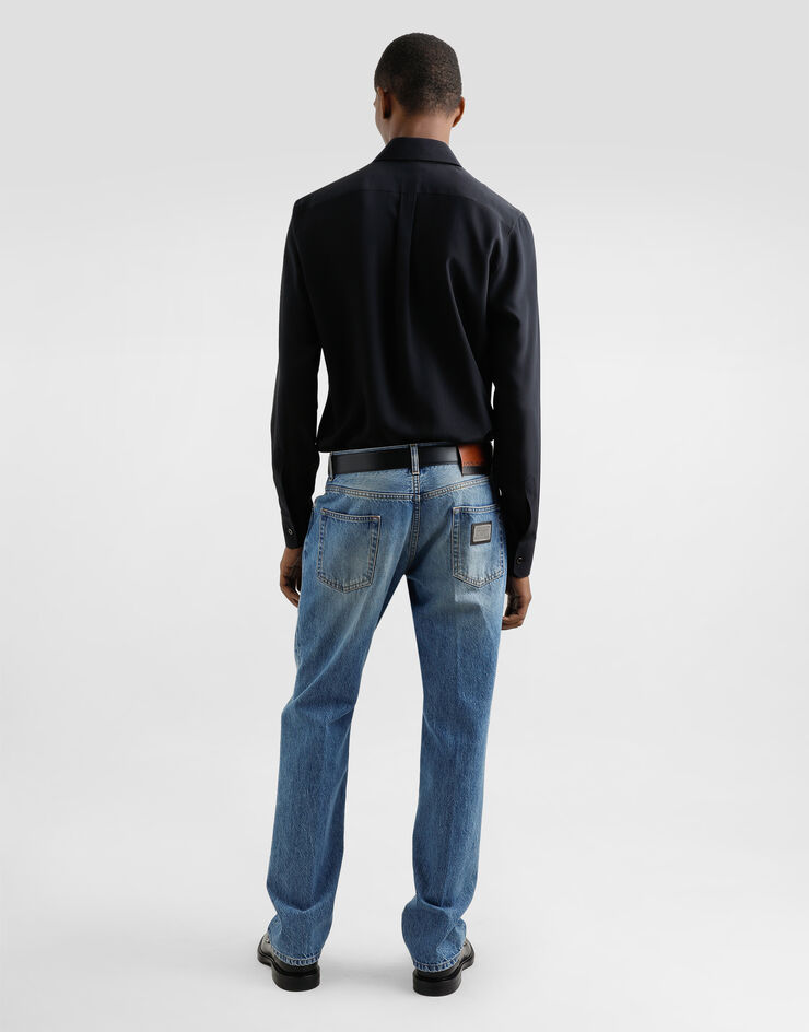 Dolce & Gabbana Camisa de seda con logotipo bordado Negro G5MO1ZFU1UQ