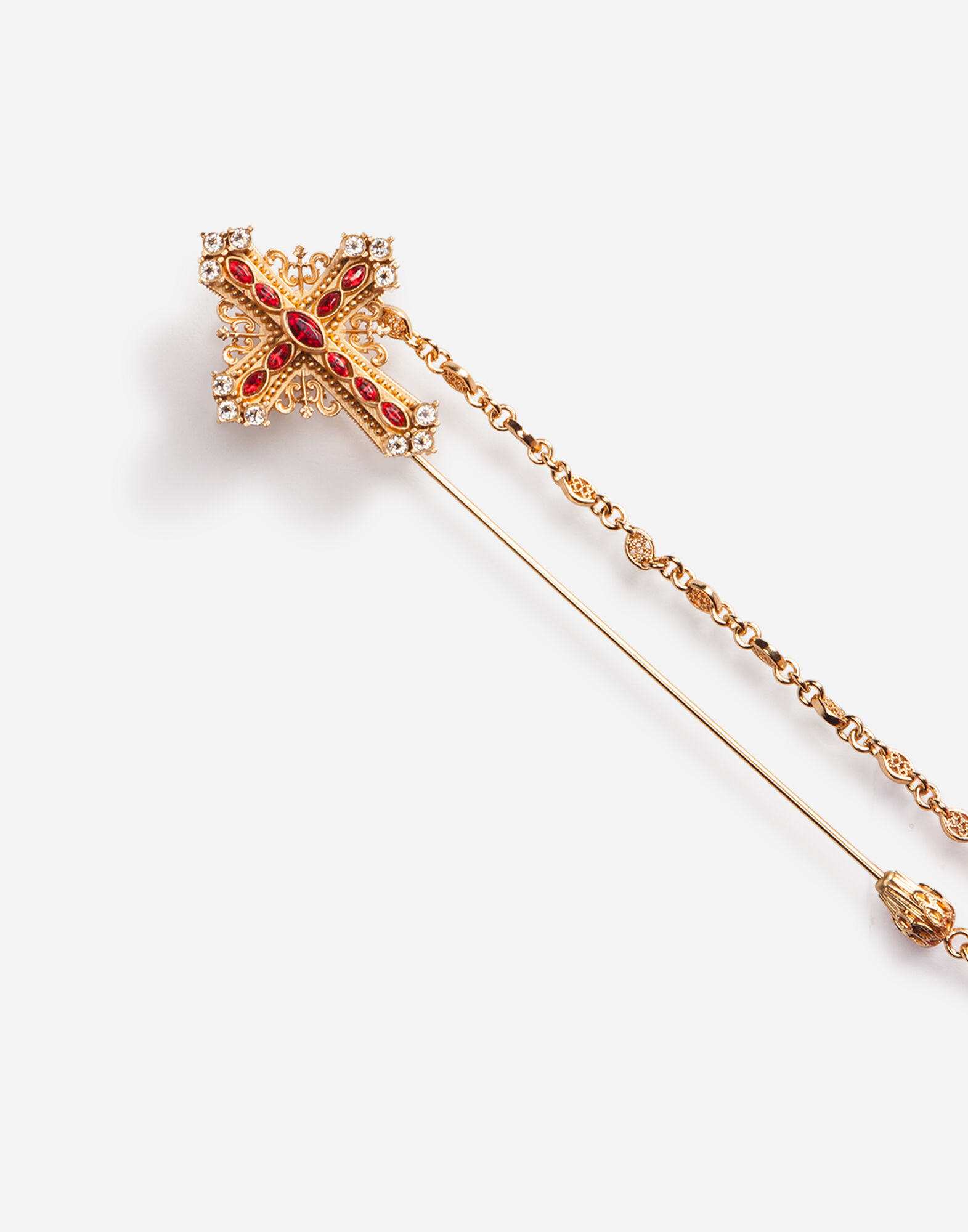 Metal brooch with cross and rhinestones in Red Gold for