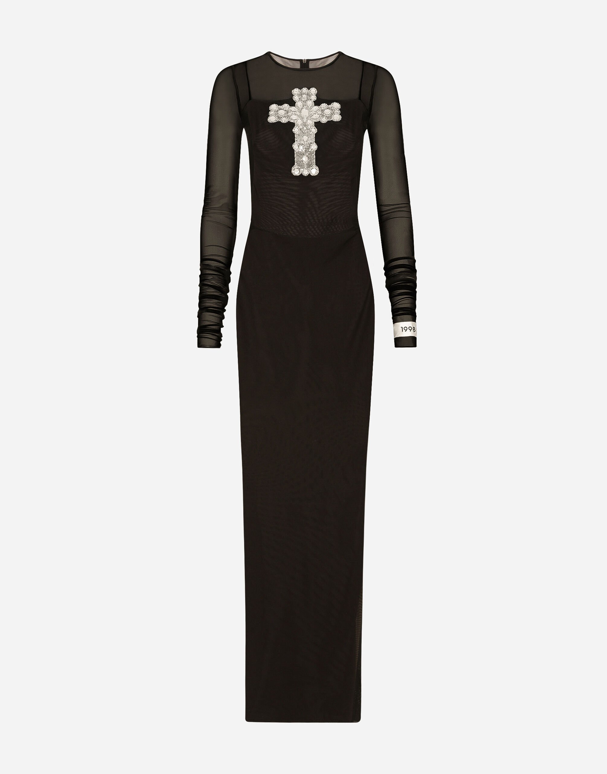Dolce & Gabbana Abito lungo in tulle con ricamo croce in strass Nero VG6186VN187