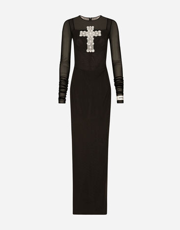 Dolce & Gabbana Vestido largo de tul con bordado de cruz en strass Negro F9M87LGDBVO