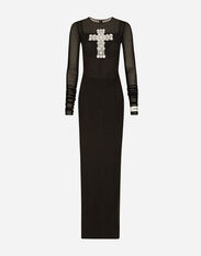 Dolce&Gabbana Long tulle dress with rhinestone cross embellishment Black F4CLKTFU8BM