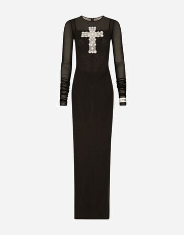 Dolce&Gabbana Vestido largo de tul con bordado de cruz en strass Negro F6BEZZFLRC2