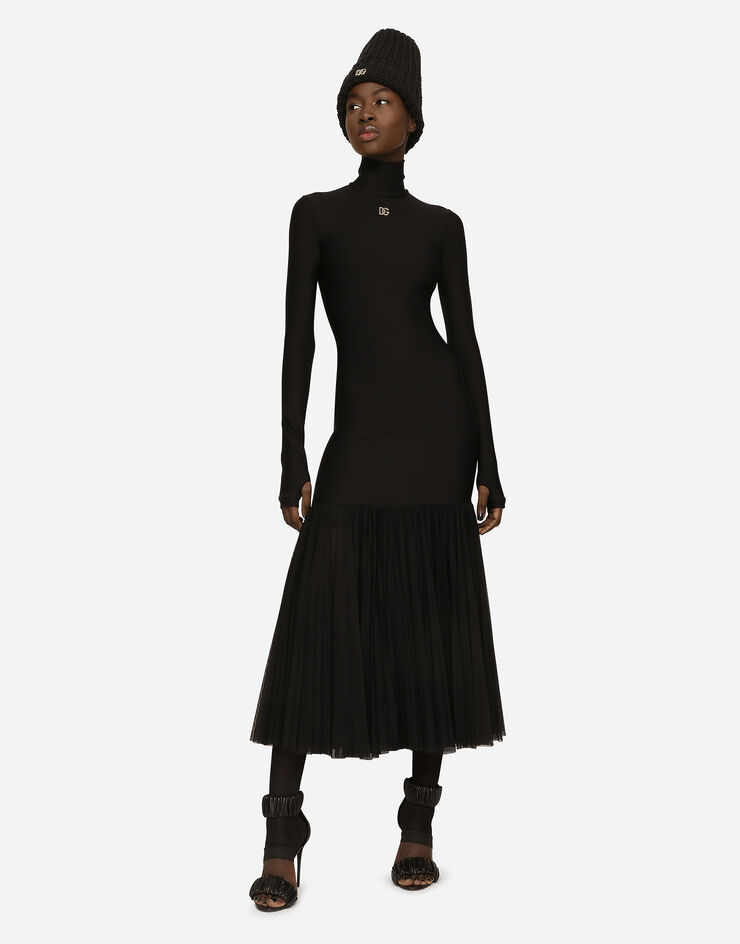 Dolce & Gabbana Technical jersey dress with tulle ruffle Black F6AQYTFUUBD