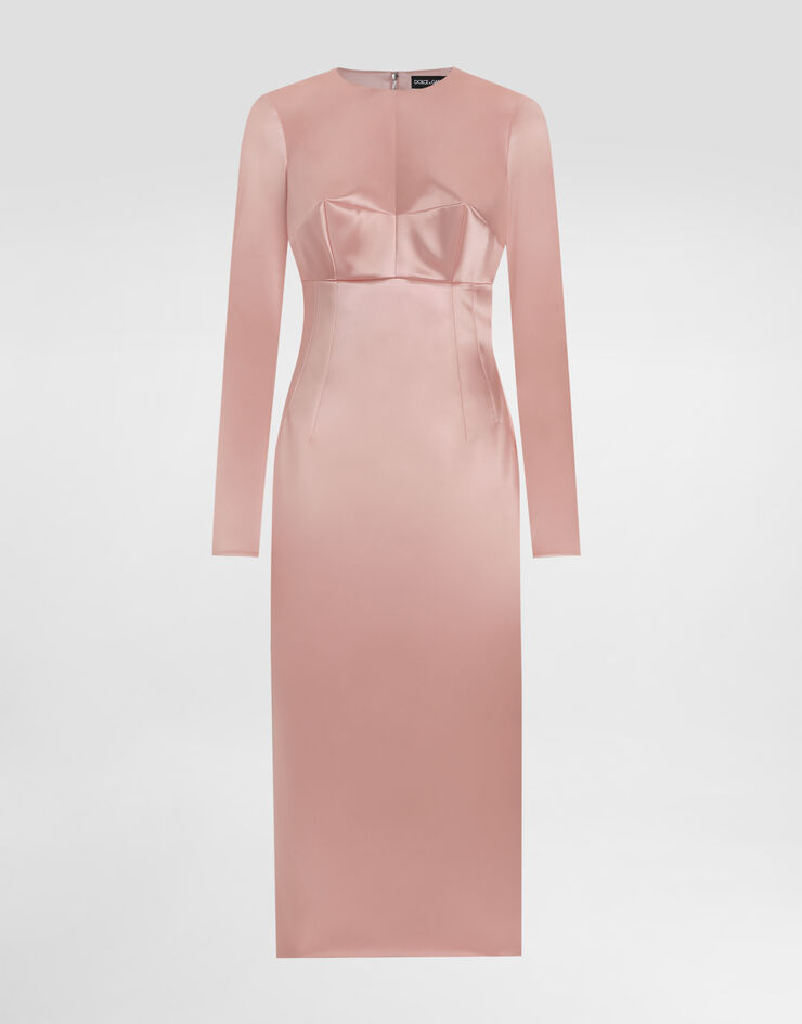 Dolce & Gabbana Vestido longuette de raso elástico con cuello redondo Rosa F6TRHTFURAD