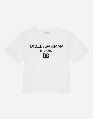 Dolce & Gabbana Rundhals-T-Shirt aus Jersey Stickerei DG Milano Weiss L4JTEYG7E5G