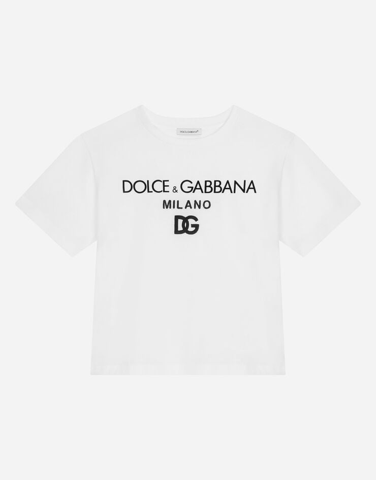 Dolce & Gabbana Rundhals-T-Shirt aus Jersey Stickerei DG Milano Weiss L4JTEYG7E5G
