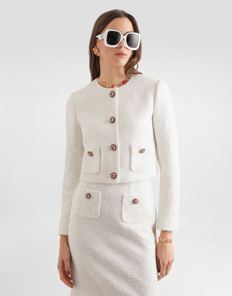 Dolce & Gabbana Single-breasted tweed jacket with jewel buttons Dolce & Gabbana Single-breasted tweed jacket with jewel buttons White F27JAZHUMW9