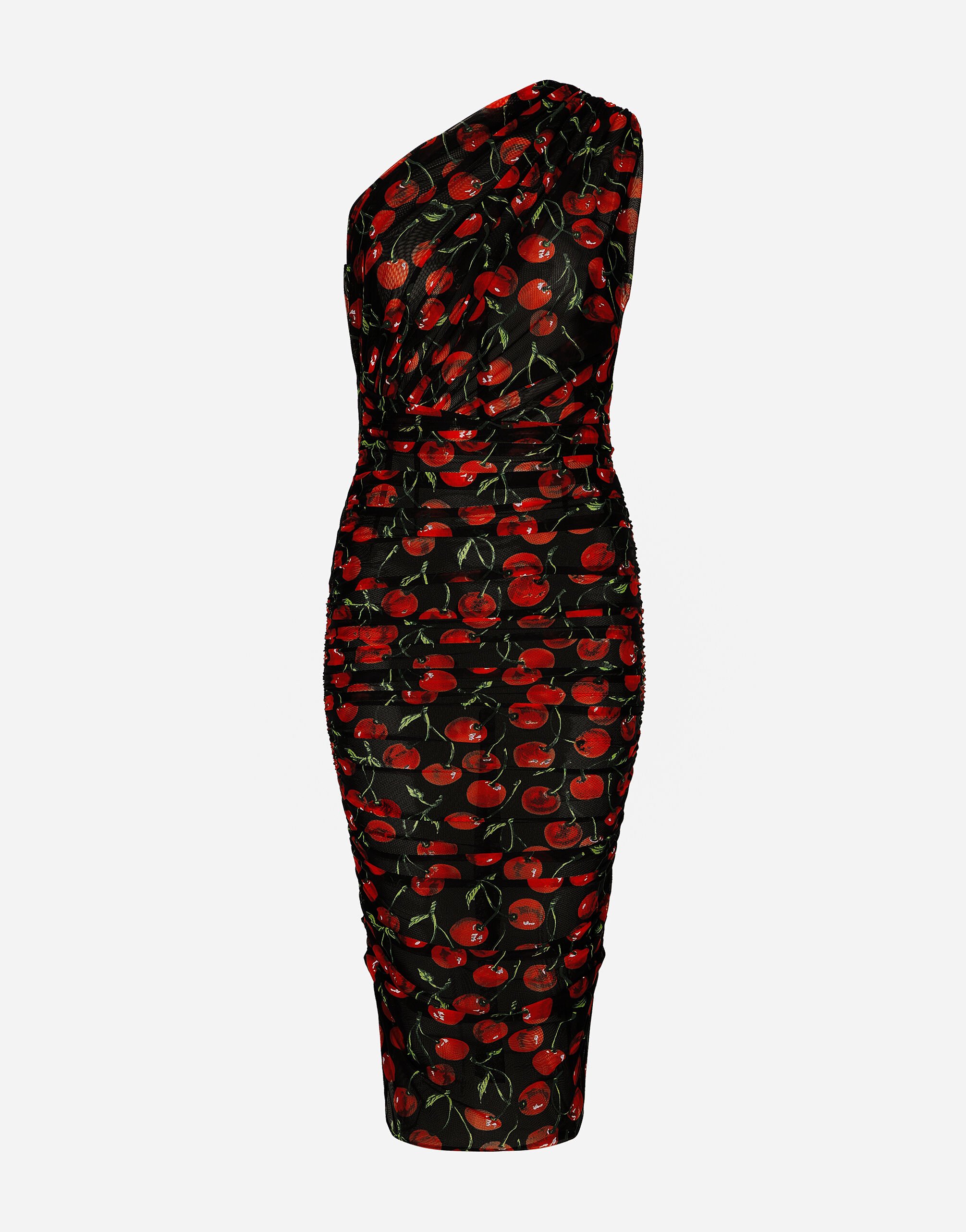 Dolce & Gabbana Vestido midi con hombro asimétrico de tul drapeado con estampado de cerezas Negro VG6186VN187