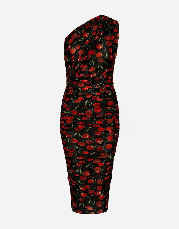 Dolce&Gabbana Vestido midi con hombro asimétrico de tul drapeado con estampado de cerezas Multicolor F6AHZTFSUA2