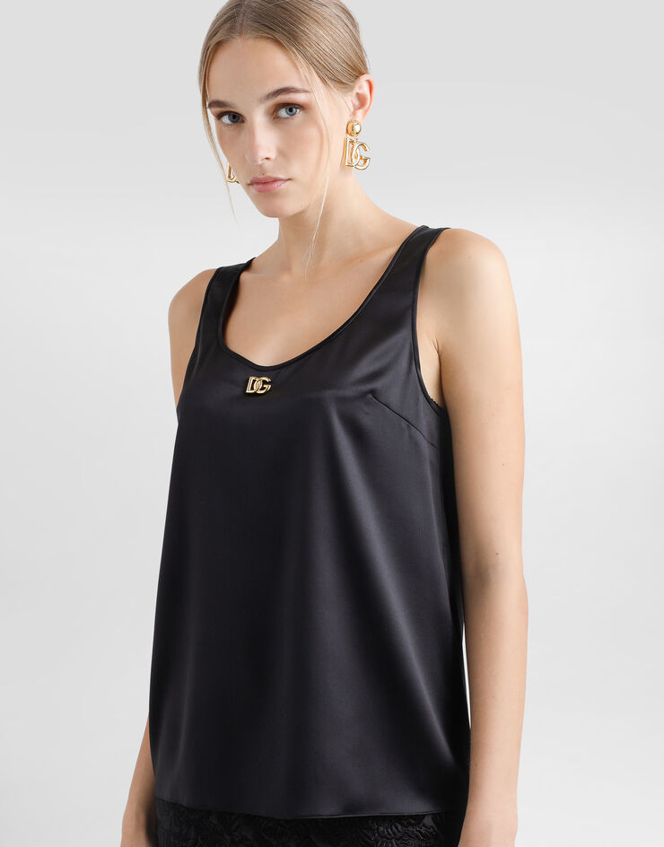 Dolce & Gabbana Tanktop aus Satin mit DG-Logo-Pin Schwarz F7AK5TFURAG