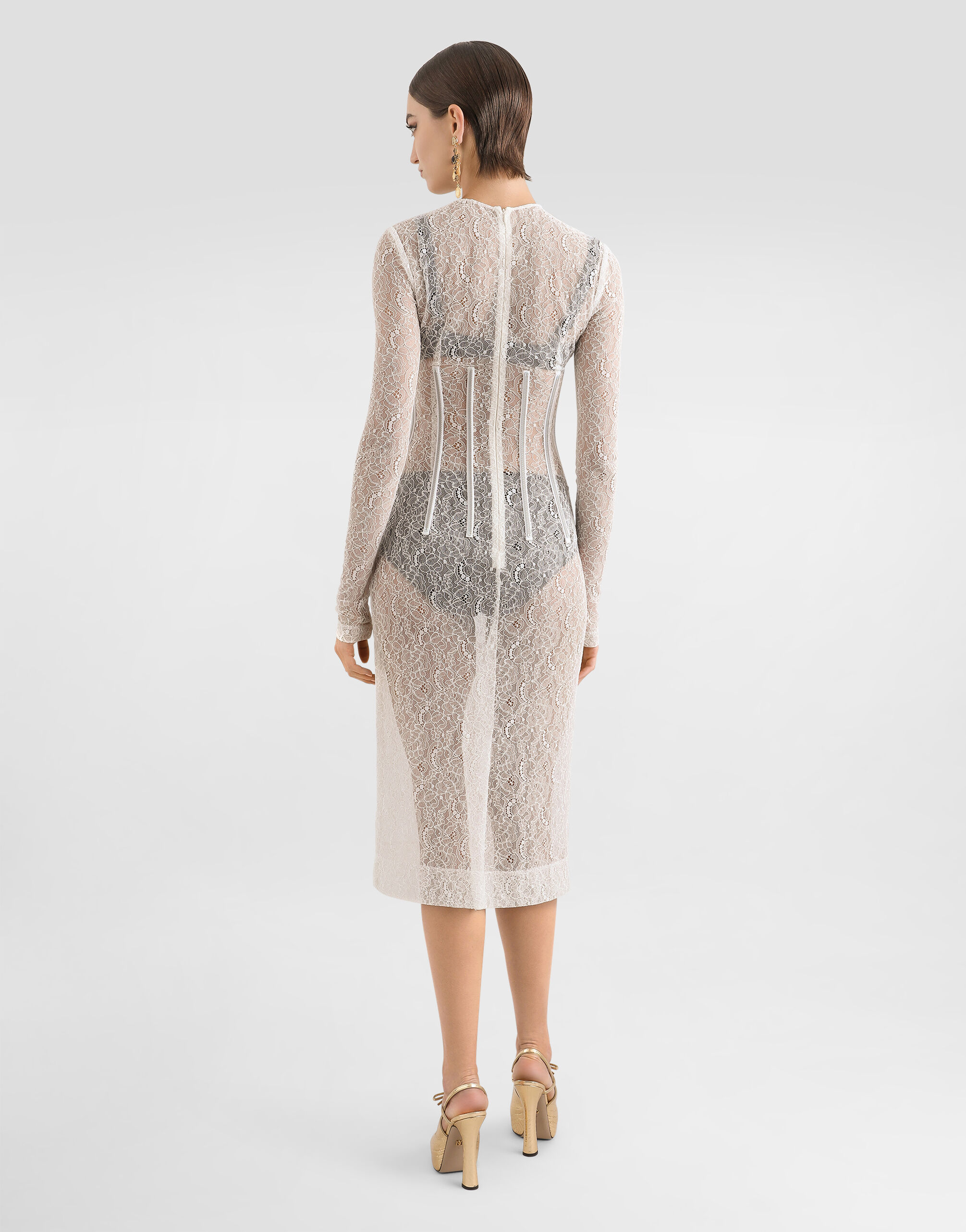 Lace calf-length dress with corset detailing in White for Women