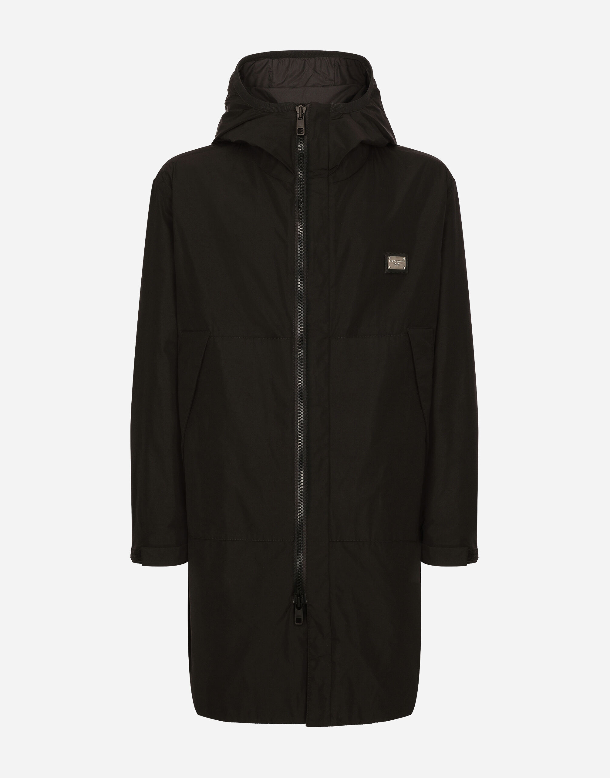 Dolce & Gabbana Nylon parka with hood and branded tag Black G036CTFUSXS