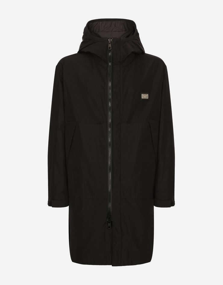 Dolce&Gabbana Nylon parka with hood and branded tag Black G036HTFUSXT