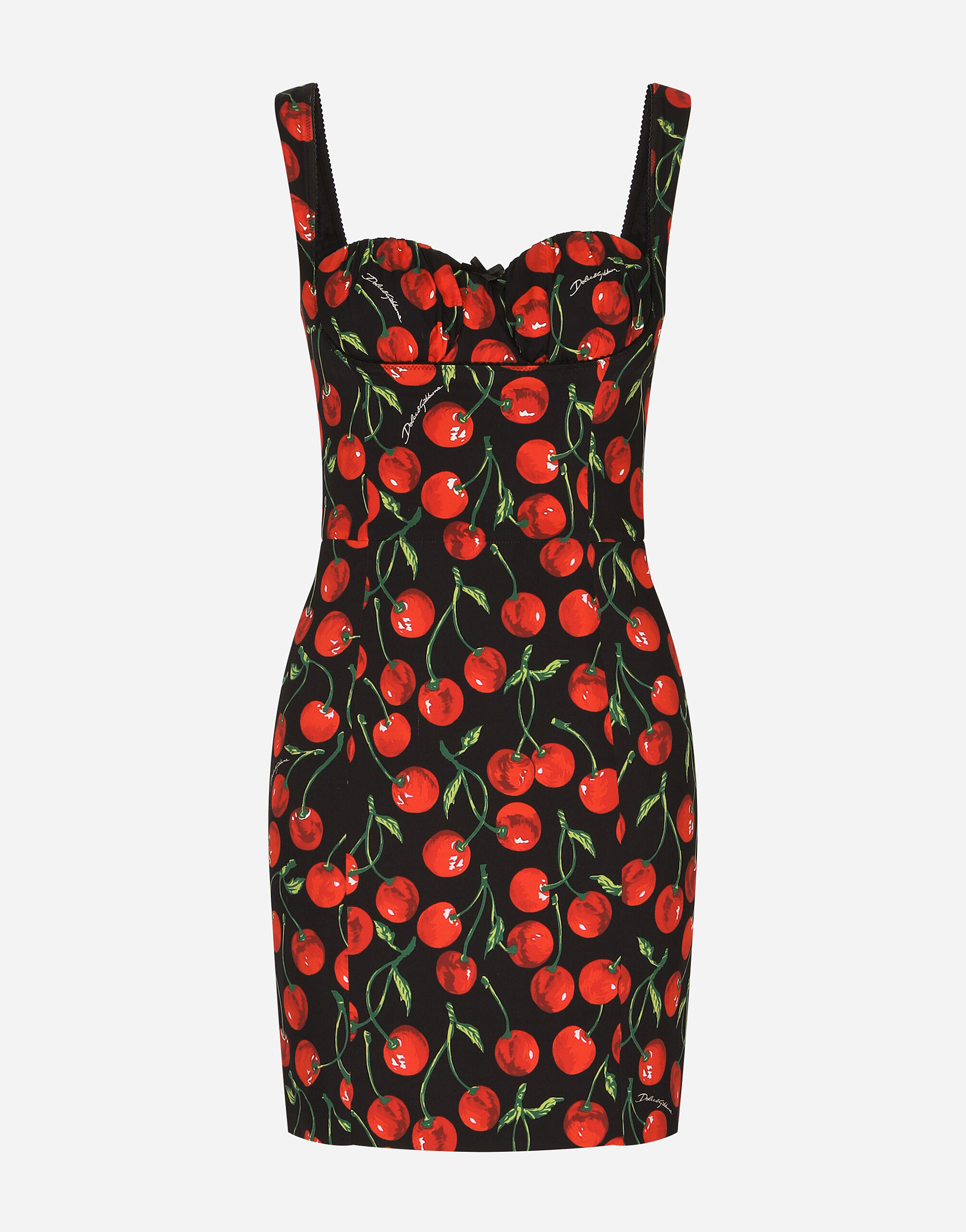 Dolce&Gabbana Short cherry-print charmeuse dress Black F6DIBTGDB2M