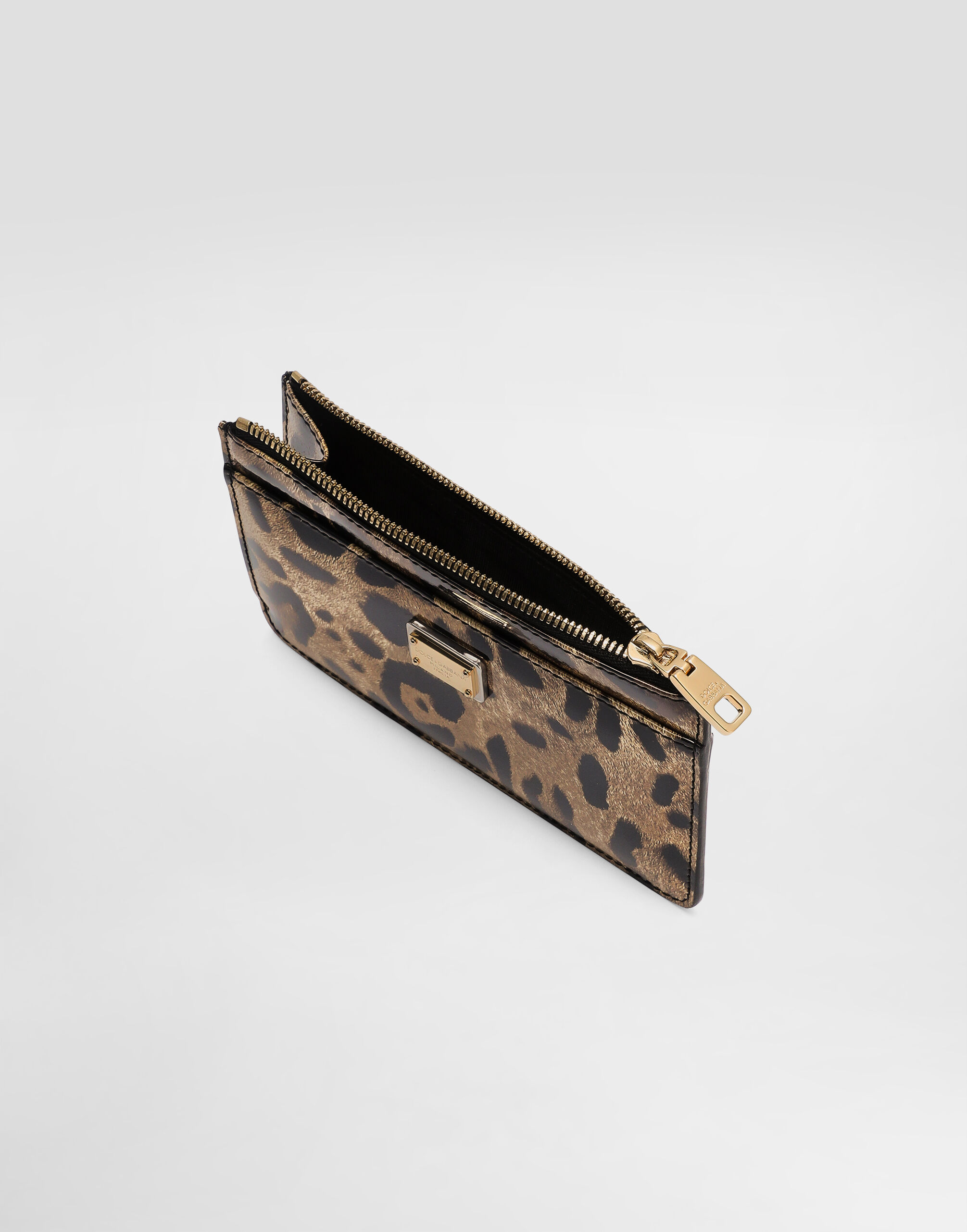 Medium leopard-print polished calfskin card holder with zipper in
