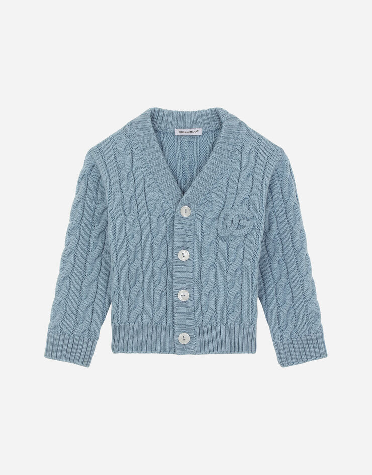 Cableknit cardigan with DG logo patch in Azure for for Boys Dolce