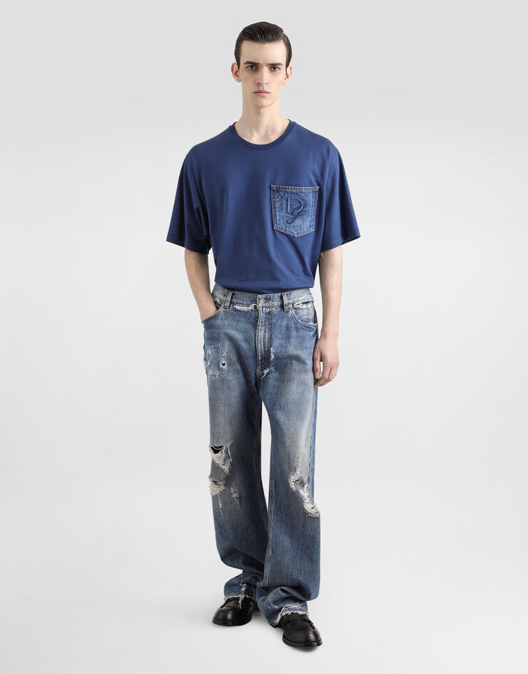 Dolce & Gabbana Camiseta de algodón con bolsillito y logotipo bordado Azul G8PN9ZG7O4J