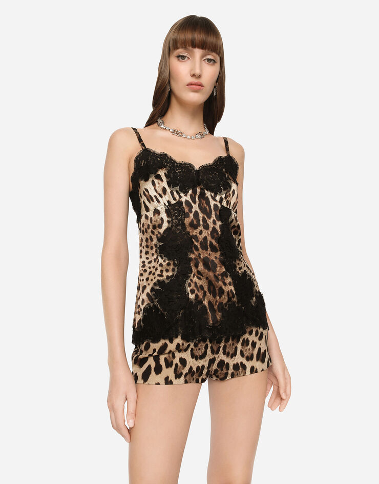 Dolce & Gabbana Top en satin à imprimé léopard et intarsias en dentelle Imprimé Animalier F72K9TFSAXY