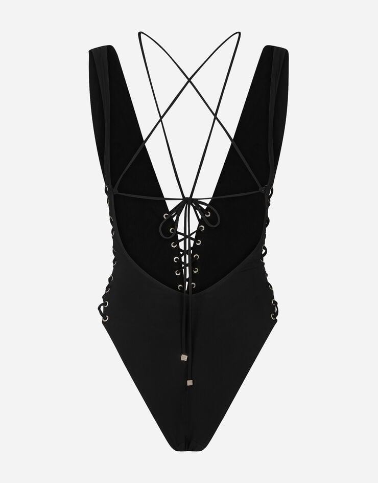 Dolce & Gabbana One-piece swimsuit with plunging neckline and lacing and eyelets Noir O9C13JONM64