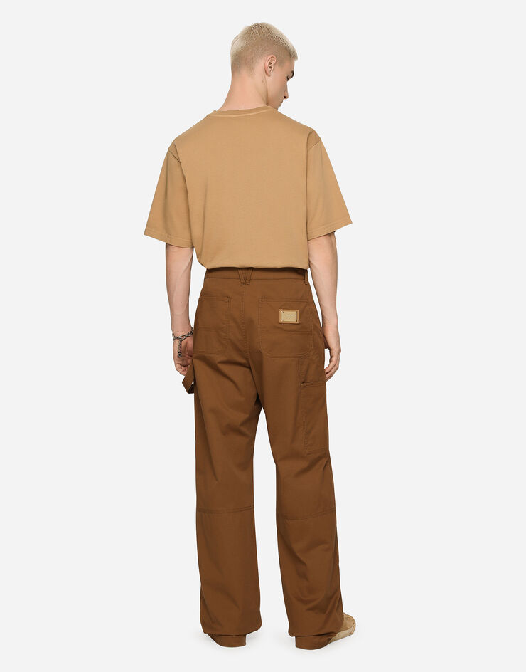 Dolce & Gabbana Stretch cotton worker pants with brand plate Brown GV4ZXTFUFML