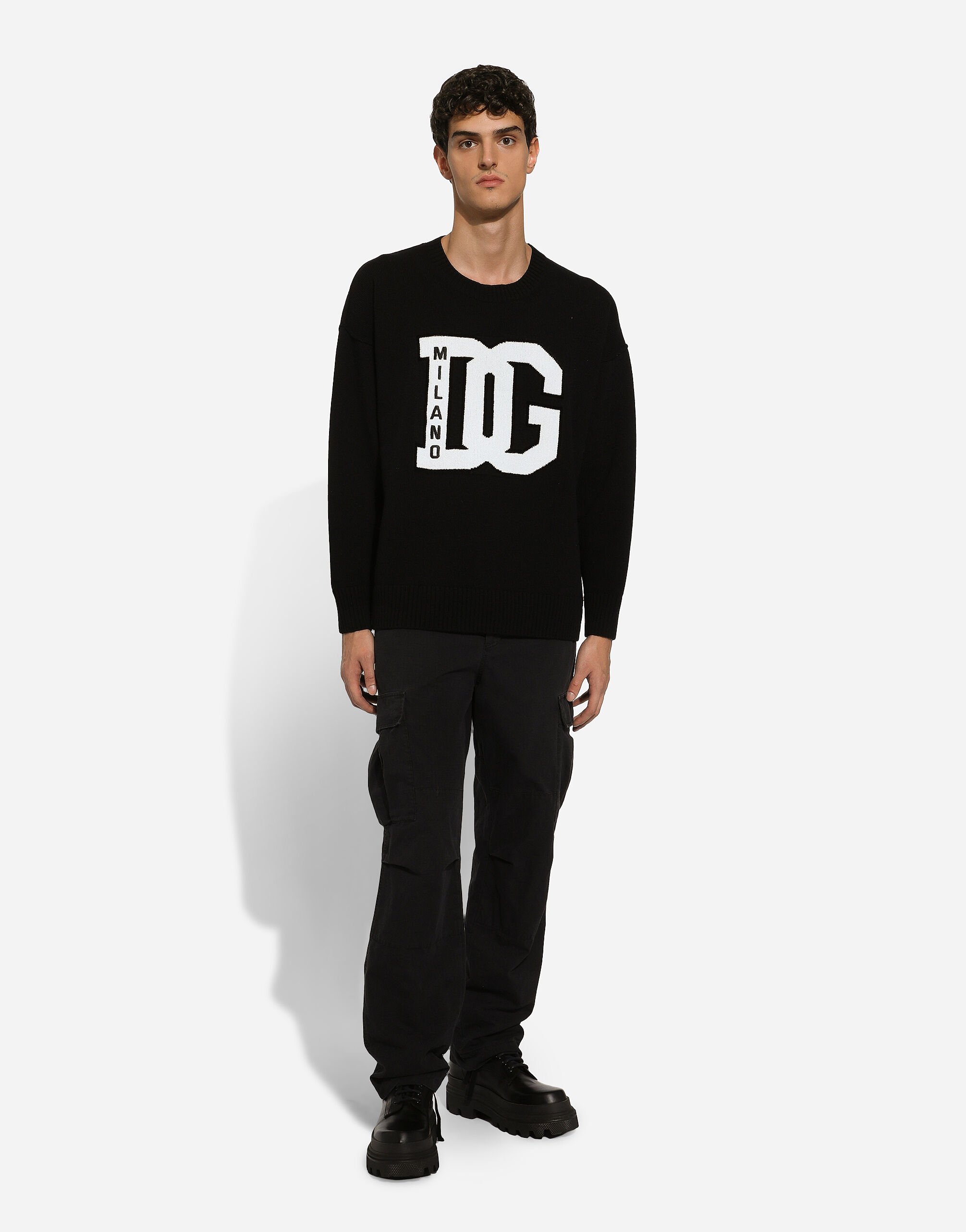 Wool round-neck sweater with DG inlay in Black for Men | Dolce&Gabbana® US