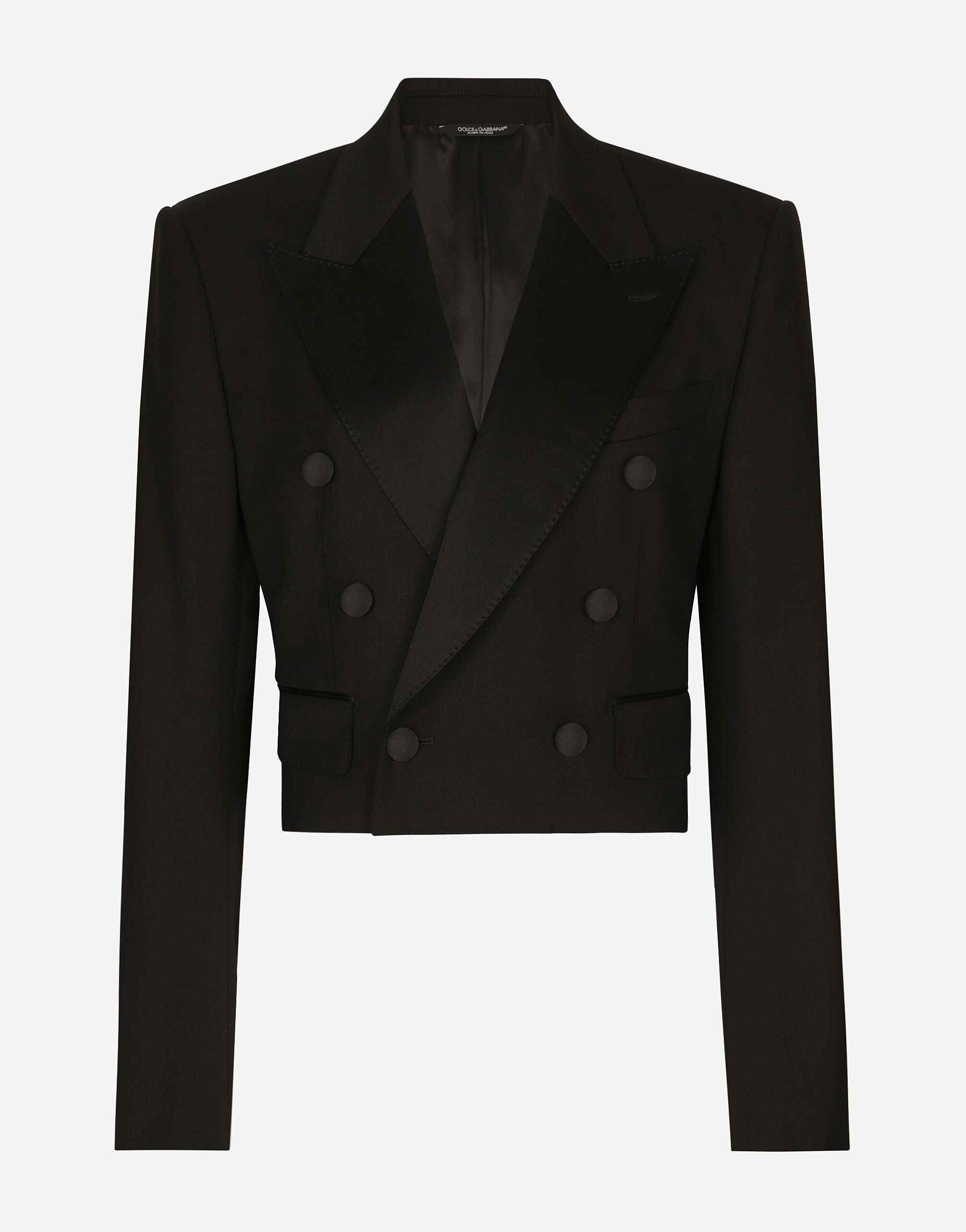 Dolce & Gabbana Cropped double-breasted wool tuxedo jacket Black F29MCTFUBE7