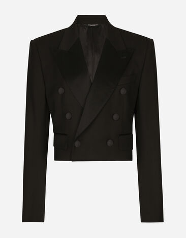 Dolce & Gabbana Укороченный двубортный пиджак-смокинг из шерсти Отпечатки F7AA7TFSFNM