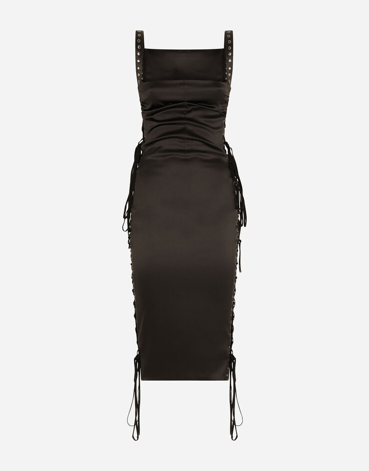 Dolce & Gabbana Satin calf-length dress with laces and eyelets Black F6R0DTFURAG