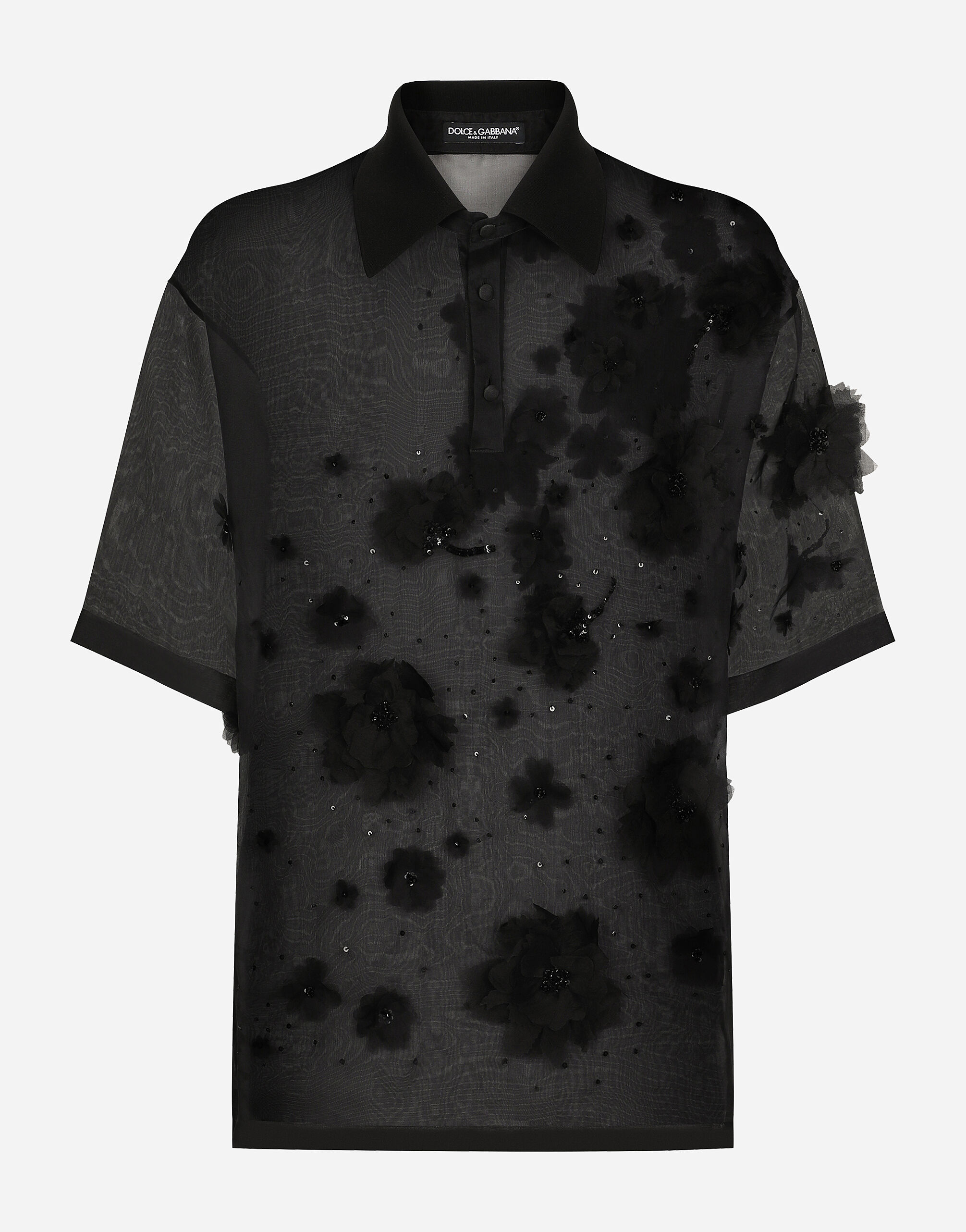 Dolce & Gabbana Silk organza polo shirt with embroidery Black G8RG4ZFU1ID