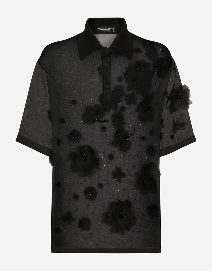 Silk organza polo shirt with embroidery in Black for Men 