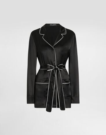 Dolce & Gabbana Silk pajama shirt with contrasting piping Black F5N53TFU1AU