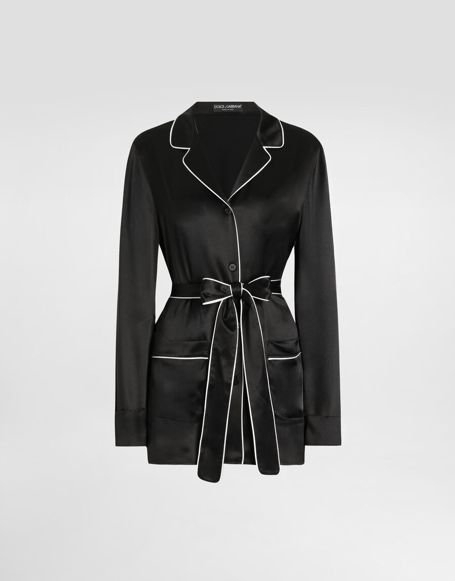Silk pajama shirt with contrasting piping