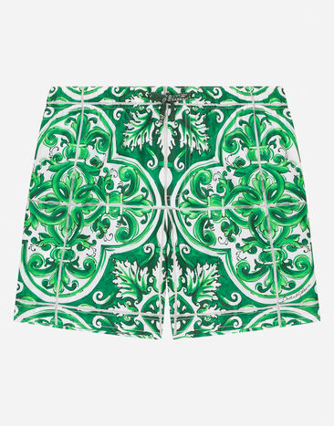 Dolce & Gabbana Nylon swim trunks with green majolica print Blue L4J818ON03Q