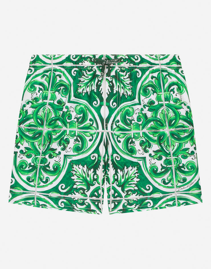 Dolce & Gabbana Nylon swim trunks with green majolica print Print L4J818ON01D
