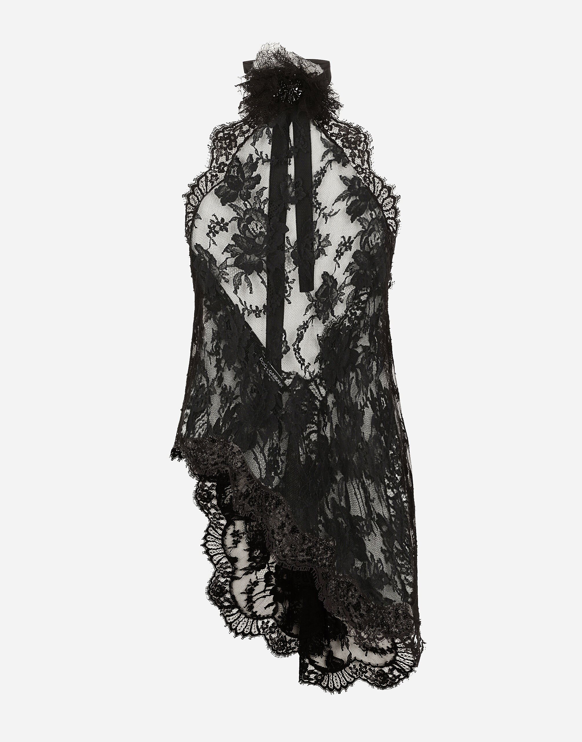 Dolce & Gabbana Asymmetrical lace top with flower detail on neck Black F6JFFTMLRAB