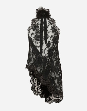 Dolce & Gabbana Top asimétrico de encaje con detalle de flor en el cuello Negro F63H1TGDC38