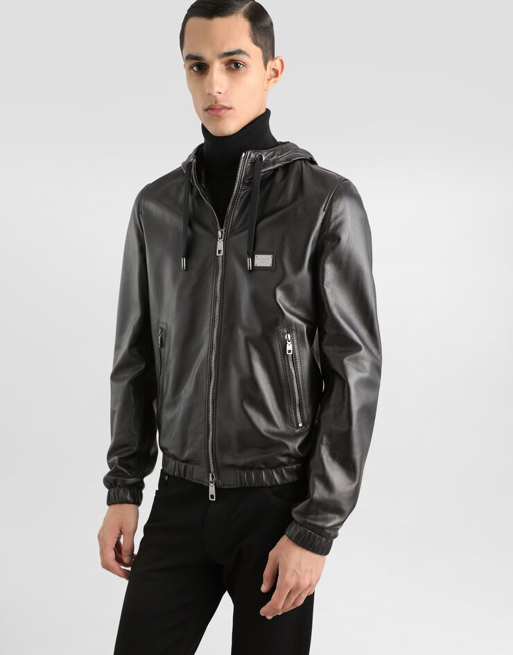 Dolce & Gabbana Leather jacket with hood and branded tag Black G9ZY6LHULR0