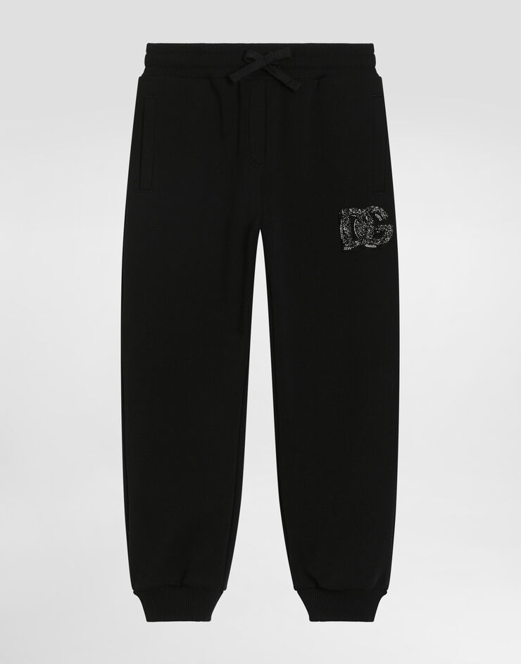 Dolce & Gabbana Oversized fleece trousers with DG logo and rhinestones Black L5JPH1G7PHM