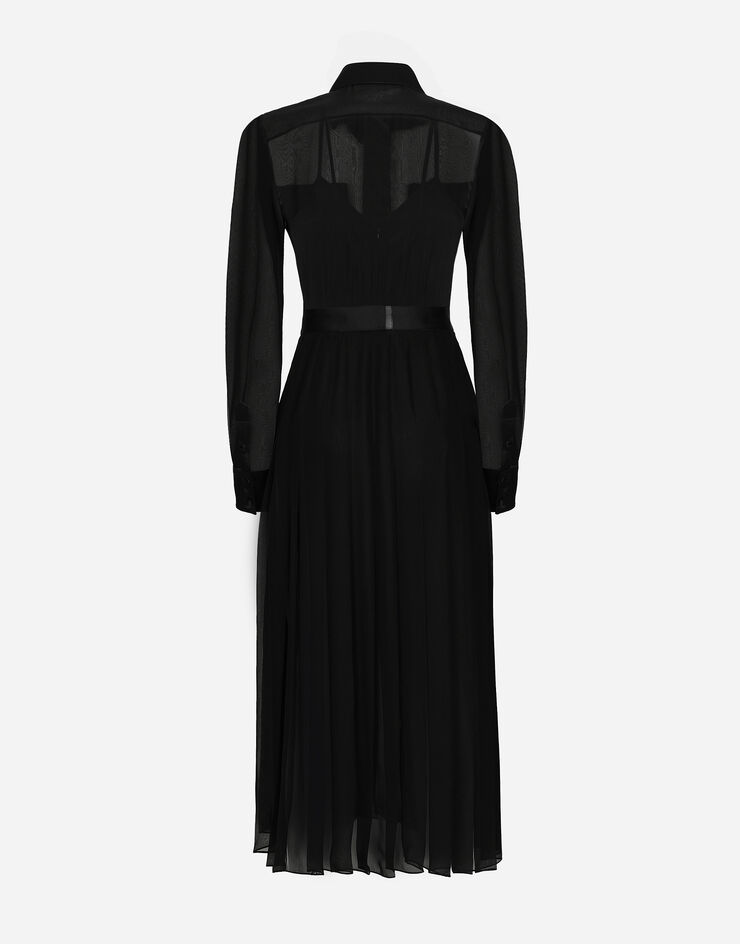 Dolce & Gabbana Vestido camisero longuette de chifón con detalles de raso Negro F6IAJTFU1AT