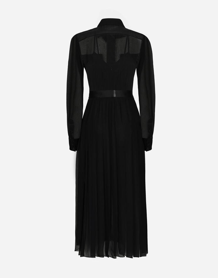 Dolce & Gabbana Longuette-Kleid im Hemdblusenstil aus Chiffon mit Satindetails Black F6IAJTFU1AT