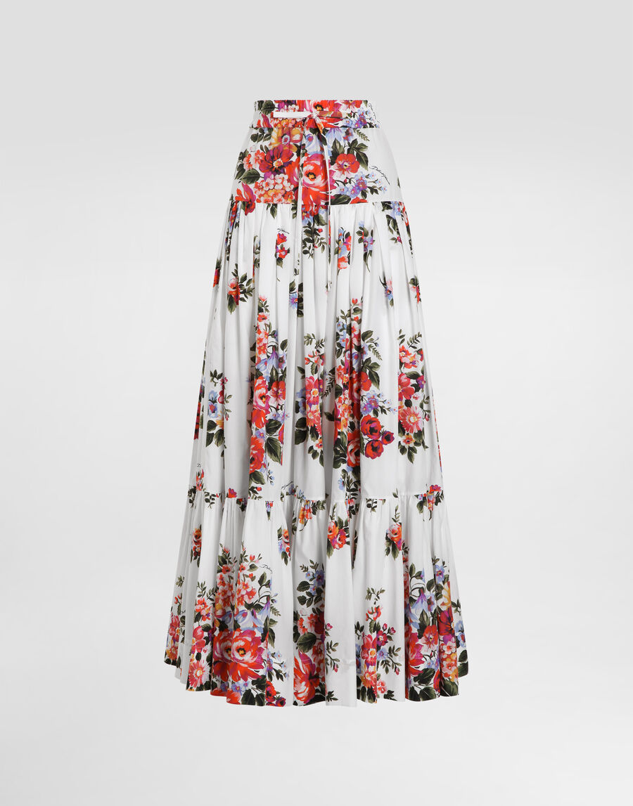 Flower bouquet-print poplin long skirt