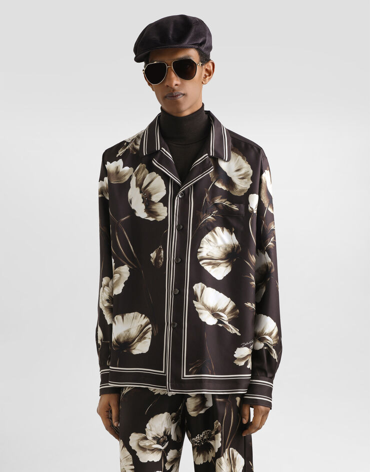 Dolce & Gabbana Camicia vanity in twill di seta stampa papaveri Stampa G5IF1THI1Z2