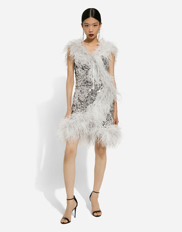 Dolce & Gabbana Short sequined wrap dress with feather trims Silver F6DKWTHLMZM