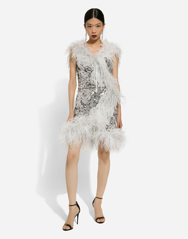 Dolce & Gabbana Short sequined wrap dress with feather trims Silver F6DKWTHLMZM